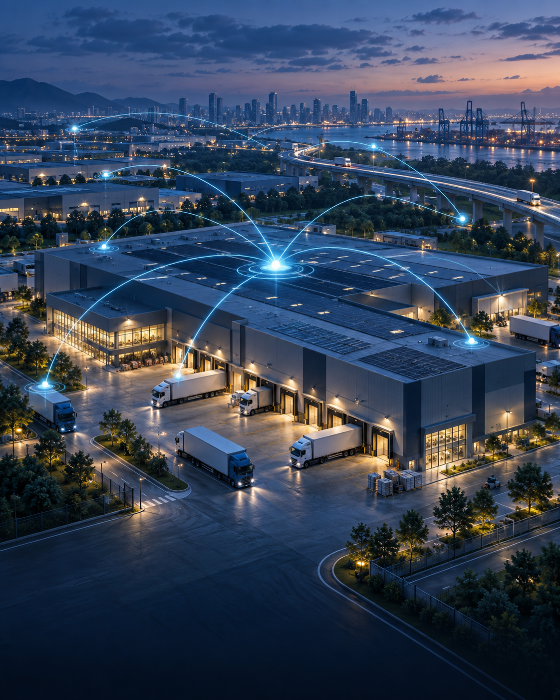 Conceptual illustration of AI-connected logistics: a modern distribution hub and trucks linked by blue data routes